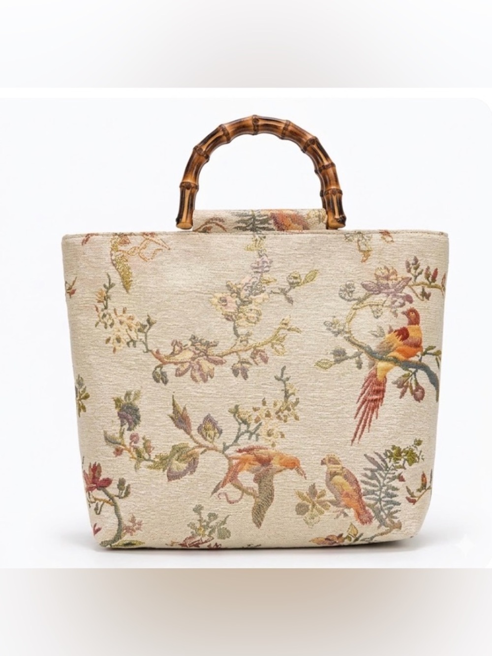 Floral Bird Tapestry Tote Bag with Bamboo Handle - Beige